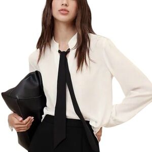 Banana Republic Ivory Blouse Black Tie Front Long Sleeve Size Small New Tags